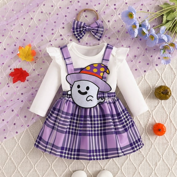 Hotiary Infant Toddler Long Sleeve Pullover + Ghost Print Strap Skirt + Headband Halloween Three-Piece Set for Girls 0-2 Years Old