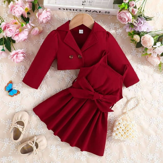 Hotiary Infant and Toddler Solid Color Two Piece Set Lapel Long Sleeved Coat and Hanging Dress for Girls 6M-4T