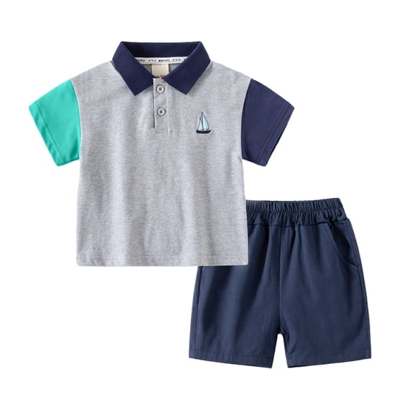Hotiary Kids Baby Boys Summer Outfits Patchwork Color Block Lapel Collar Button down Short Sleeve Top + Elastic Waistband Shorts with Pockets 2 Piece Sets Toddler Child for 2 Years-8 Years