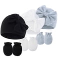 thumbnail image 1 of Hotiary Newborn Baby Boys Girls Cotton No Scratch Mittens and Caps Set Infant Hospital Beanie Hats with Bow for 0-6 Months, 1 of 2
