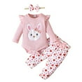 thumbnail image 1 of Hotiary Newborn Baby Girl 3Pcs Outfit Infant Ruffle Long Sleeve Rabbit Print Romper Bodysuit + Bow Pant + Headband Set Toddler Spring Fall Cute Clothes for 0-18M Pink, 1 of 8