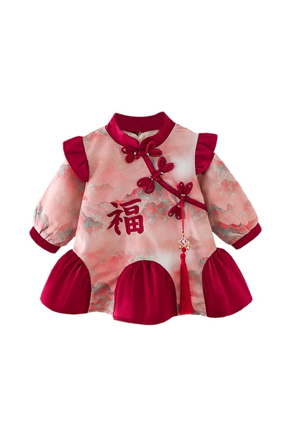 Newborn Infant Girls Qipao Dress Toddler Baby Plate Buckle Velvet Lining Retro Long Sleeve Traditional Cheongsam Dress Chinese New Year for 0-5 Years