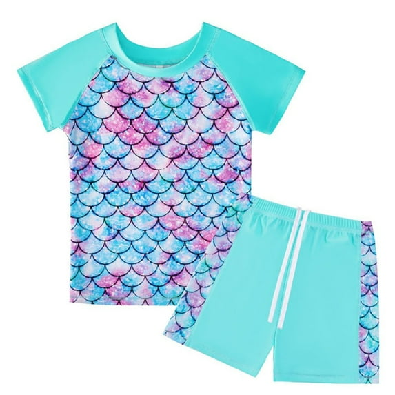 Hotiary Summer Colored Mermaid Two-Piece Split Swimsuit for Girls Children's Short Sleeve and Elastic Waist Shorts Beach Set 5-12T