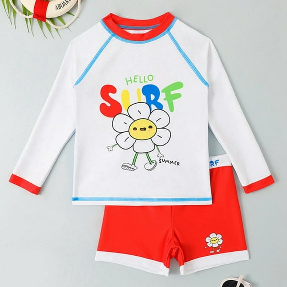 Hotiary Summer Cute Pattern Two-Piece Swimsuit for Boys Long Sleeved and Shorts Split Swimsuit Set for 4-8 Years Toddler Kids