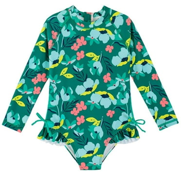 Hotiary Summer Girls Colorful Butterfly or Floral Patterns Long Sleeve Elastic Waist One-Piece Swimsuit for 4-9 Years Toddler Kids