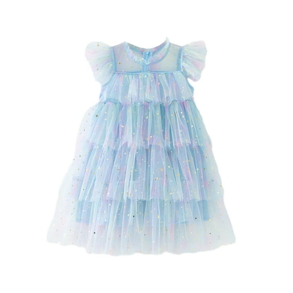 Hotiary Toddler Baby Girls Layered Tulle Puffy Dress Kids Rainbow Color Short Ruffle Sleeve Mesh Princess Dress Children Wedding Birthday Ball Gown Prom Cake Dress for 1-10 Years