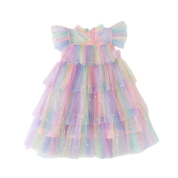 Hotiary Toddler Baby Girls Layered Tulle Puffy Dress Kids Rainbow Color Short Ruffle Sleeve Mesh Princess Dress Children Wedding Birthday Ball Gown Prom Cake Dress for 1-10 Years