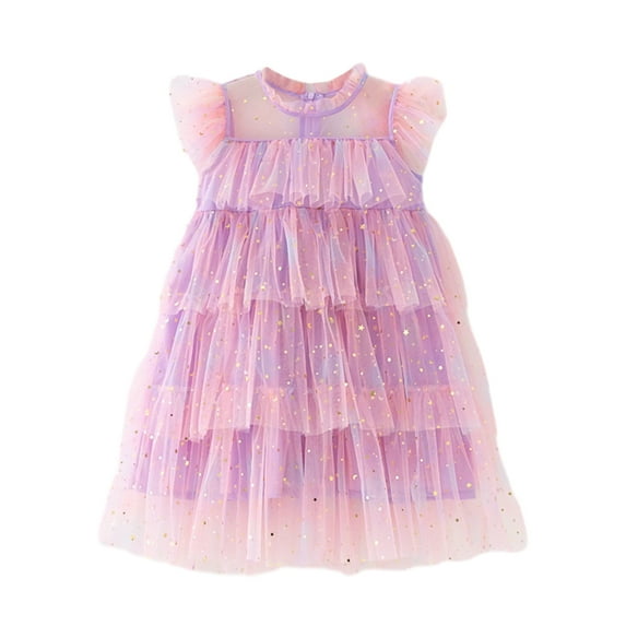 Hotiary Toddler Baby Girls Layered Tulle Puffy Dress Kids Rainbow Color Short Ruffle Sleeve Mesh Princess Dress Children Wedding Birthday Ball Gown Prom Cake Dress for 1-10 Years