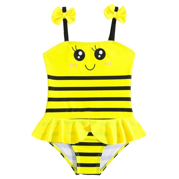 Hotiary Toddler Baby Girls One Piece Swimsuits Bees Print Quick Dry Ruffle Spaghetti Strap Beach Bathing Suit Beach Swimwear Yellow for 1-5Y