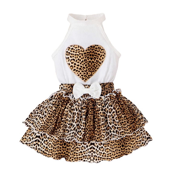 Hotiary Toddler Baby Girls Summer Leopard Print Dress Outfits Kids Halter Sleeveless Love Shirt   Bowknot Layered Skirt Two-Piece Set for 4-7 Years