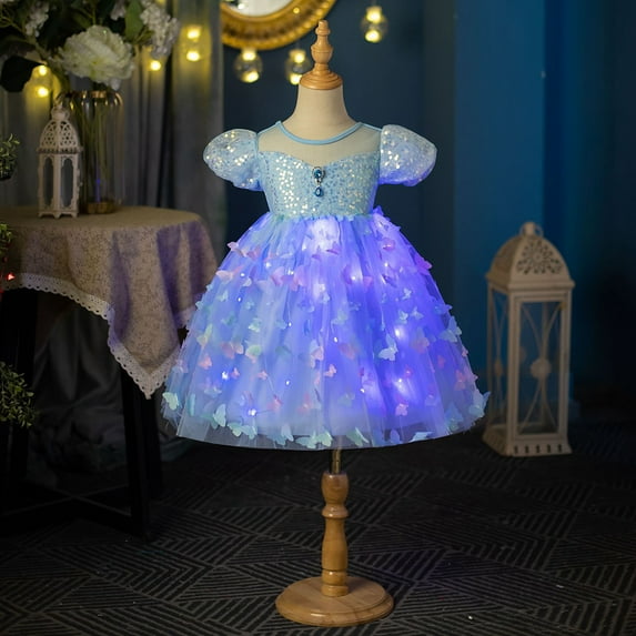 Hotiary Toddler Baby Girls Tulle Puffy Dress + Bright Colored Lights Kids Puff Sleeve Mesh Princess Dress Children Wedding Birthday Party Ball Prom Gown for 3-9 Years