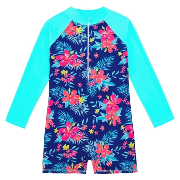 Hotiary Toddler Kids Floral or Rainbow Horse Printed Tight Fitting Bathing Suit Long Sleeved Sun Protection Swimsuit for Girls 4-12 Years Old