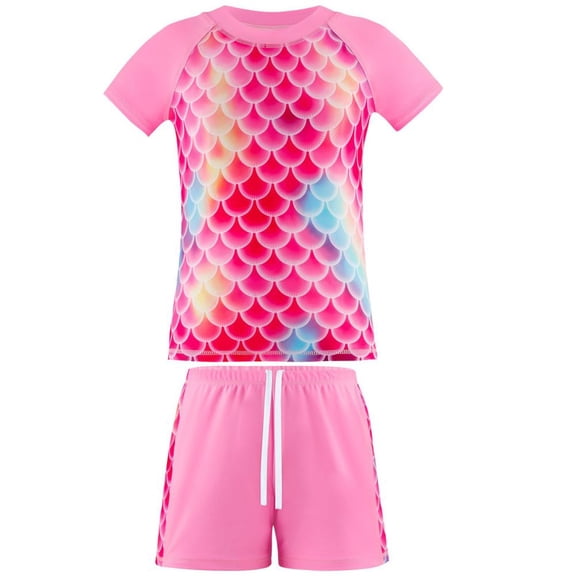 Hotiary Toddler Kids Summer Short Sleeve Top and Drawstring Shorts Split Swimsuit for Girls Fish Scale Printing Two-Piece Set 4-12T