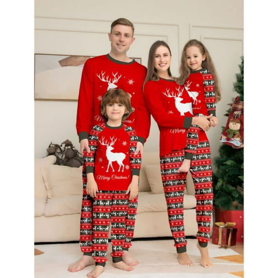Hotiary White Reindeer Print Checkered Long Sleeve and Long Pants Christmas Family Pajamas Outfit for 2-14T Chidlren and Adult