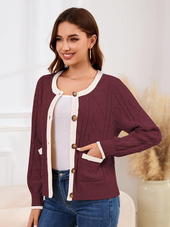 Women Winter Fall Cable Knit Cardigan Sweater Button Down Knit Jackets Long Sleeve Open Front Coats Outerwear With Pockets