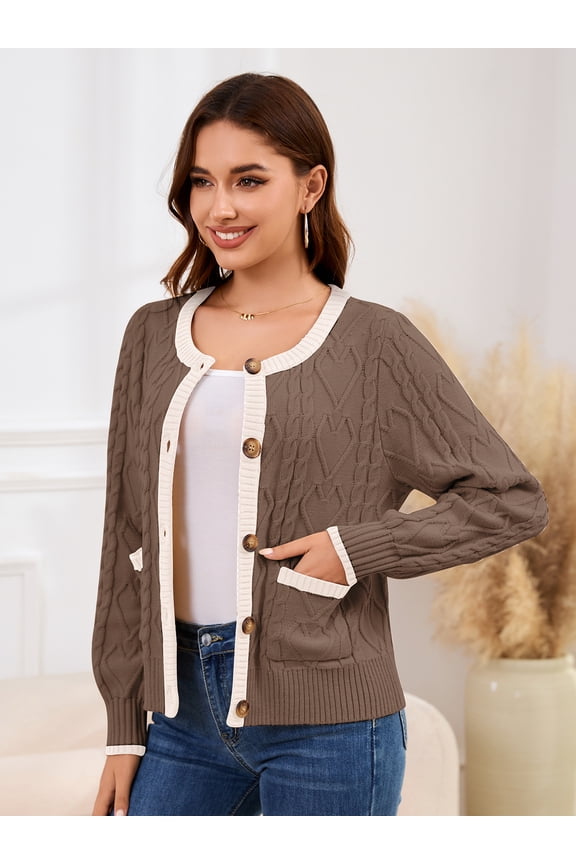 Women Winter Fall Cable Knit Cardigan Sweater Button Down Knit Jackets Long Sleeve Open Front Coats Outerwear With Pockets