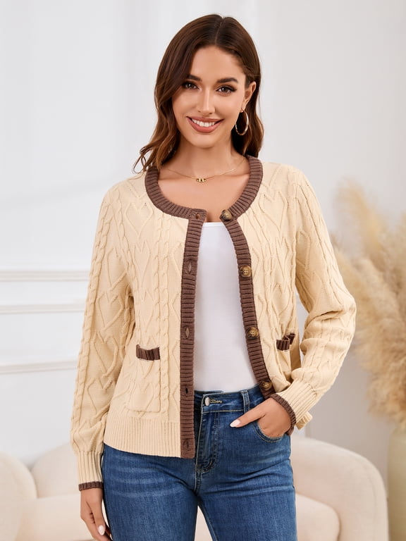 Women Winter Fall Cable Knit Cardigan Sweater Button Down Knit Jackets Long Sleeve Open Front Coats Outerwear With Pockets