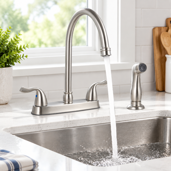 Hotis Kitchen Faucet With Side Sprayer 2 Handle 3 Or 4 Hole Sink Faucets 8 Inch Rv Supply Lines 360 Swivel Brushed Nickel Ht-kf20