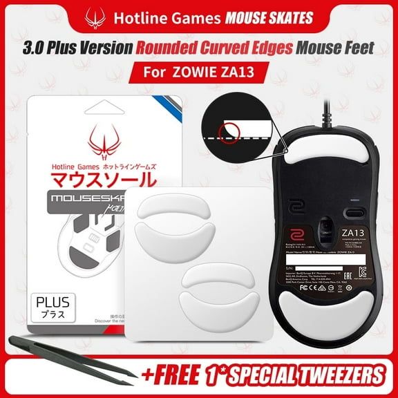 Hotline Games 3.0 PLUS Mouse Feet For Zowie ZA13 Wireless Gaming Mouse, 2 Sets, White, New