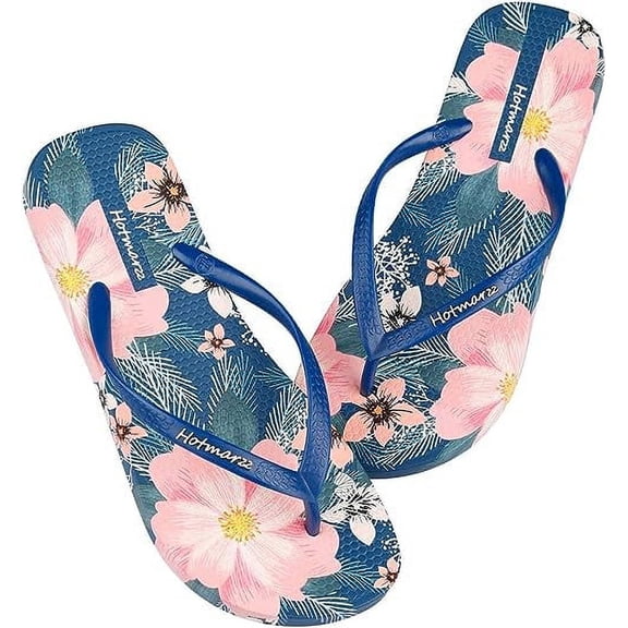 Hotmarzz Women's Flip Flops Bohemian Floral Print Sandals Beach Slippers Blossom Dark Blue Straps 9
