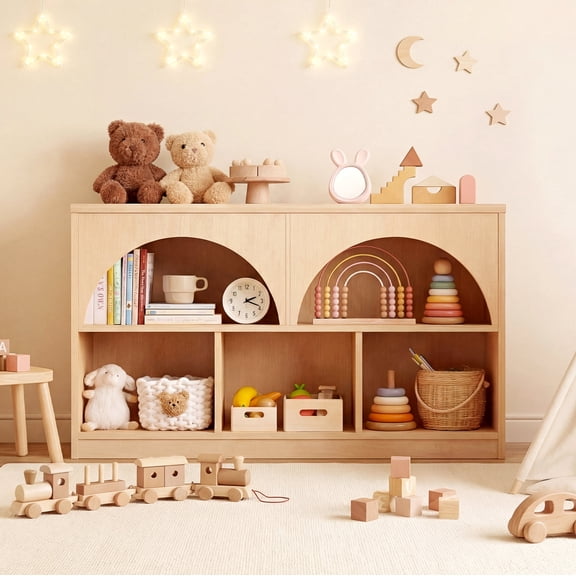 Montessori Kids Bookshelf and Toy Storage Organizer, 43.3" Arched Wooden Bookcase with 5 Open Cubbies, 26" Low Storage Shelf for Playroom, Bedroom & Nursery, Natural