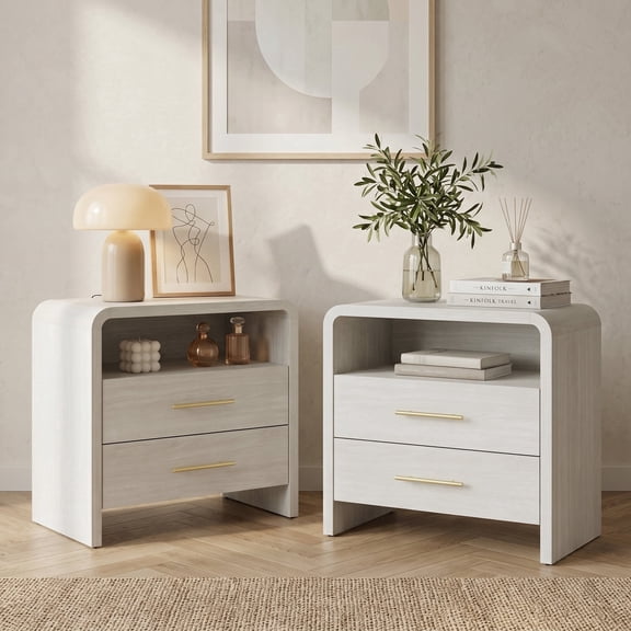 Nightstand Set of 2, 27" Curved Bedside Tables with 2 Drawers and Open Shelf, Modern Wood End Tables with Storage, White Wood Grain