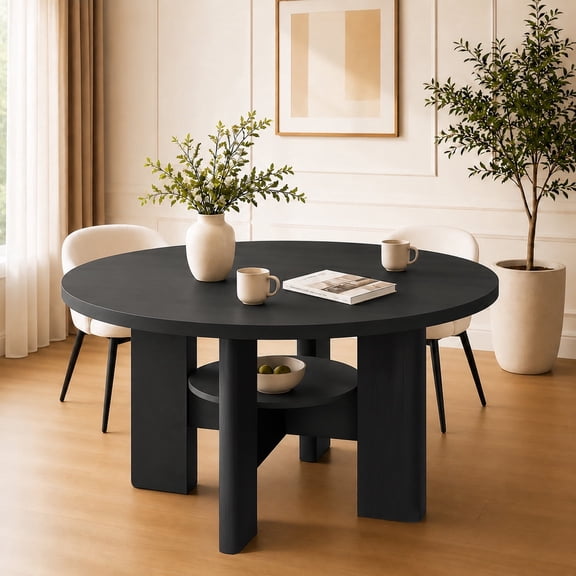 47" Round Dining Table for 4-6 People, Modern Wooden Kitchen Table with Curved Pedestal Base, 1.57" Thick Tabletop & Storage Shelf for Dining Room Kitchen, Black Grey