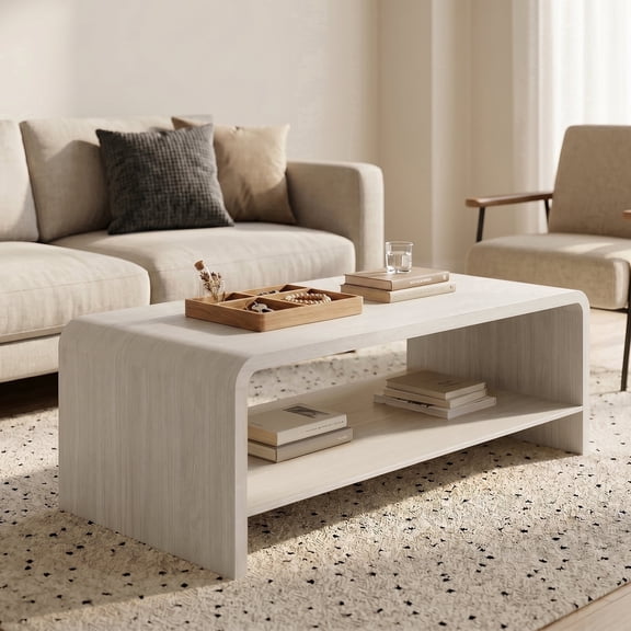 48" Curved Coffee Table with Open Storage Shelf, Modern Waterfall Center Table with Rounded Edges for Living Room, White Wood Grain