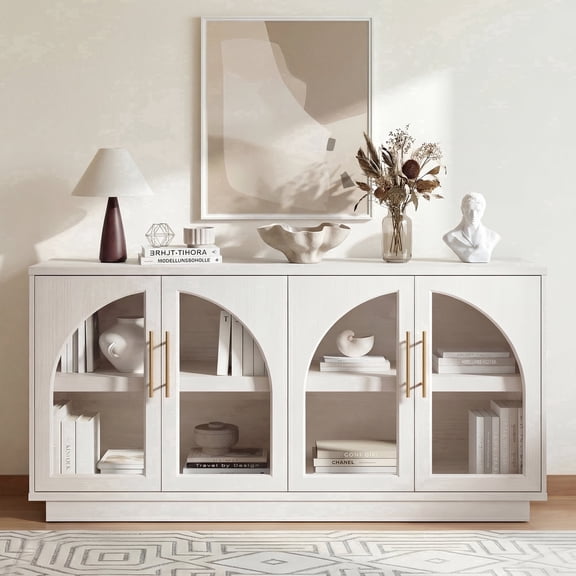 59" Sideboard Buffet Cabinet with Arched Glass Doors, Modern Wood Credenza with Adjustable Shelves, 4-Door TV Console for Living Room, Dining Room & Kitchen,White Wood Grain