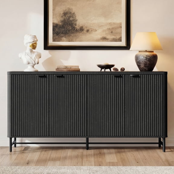 65" Fluted Sideboard Buffet Cabinet with Storage, Large Wooden Credenza with Adjustable Shelves for Dining Room, Living Room, Entryway, Black Grey