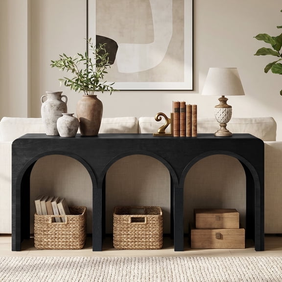 67" Long Arched Console Table, 15.5" Deep Modern Entryway Table with Triple Arch Wooden Wood Sofa Table for Living Room, Hallway, Black Grey