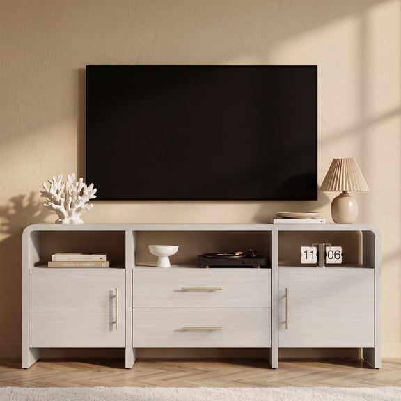 70" Curved TV Stand for TVs Up to 80", Modern Entertainment Center with 2 Drawers, 2 Doors and Open Shelves, Wood Media Console, White Wood Grain