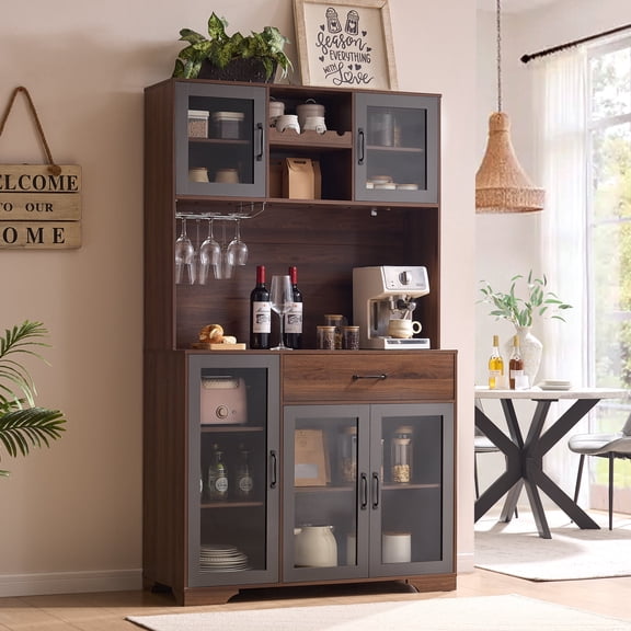 Hotmeily 71" Tall Pantry Cabinet with Glass Doors, LED Lights & Charging Station – Large Storage Kitchen Hutch, Coffee Bar & Liquor Cabinet with Wine Rack, Adjustable Shelves & Drawer, Brown