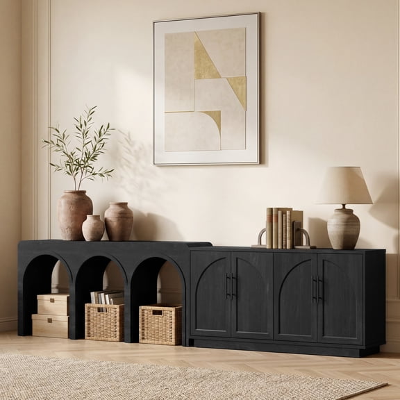 Hotmeily 2-Piece Furniture Set – Triple Arch Console Table and Arched Sideboard Buffet Cabinet with Adjustable Shelves for Living Room, Dining Room, Entryway, Black Grey