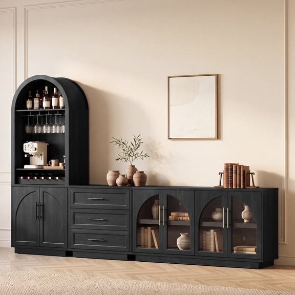 Hotmeily Caldera 3-Piece Furniture Set – LED Wine Cabinet with USB Ports, 3-Drawer Nightstand, and Glass Door Sideboard with Adjustable Shelves for Living Room, Dining Room, Bedroom, Black Grey