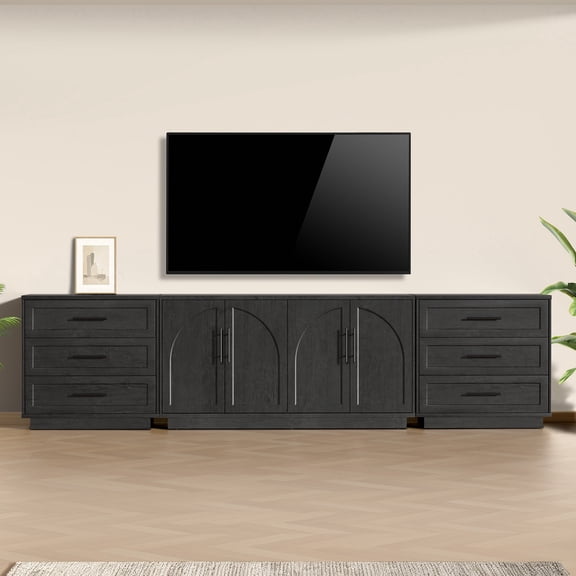 Hotmeily Modular Entertainment Center & Buffet Cabinet – Extra Long Sideboard TV Stand with Arched Wooden Doors, Modern Wood Storage Cabinet for Living Room, Black Grey (3-Piece Set)