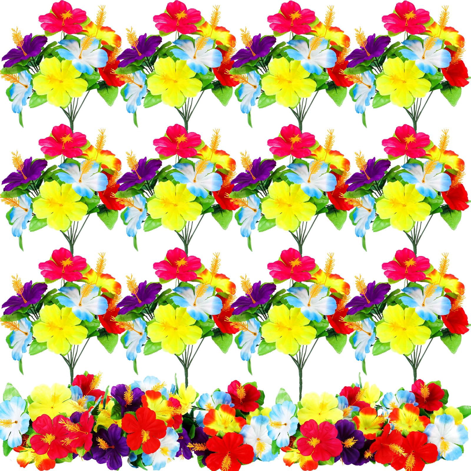 12 Pcs Hawaiian Hibiscus Drawstring Bags - Luau Party Favor Bags, Pink & Blue, 13.5x10.5"