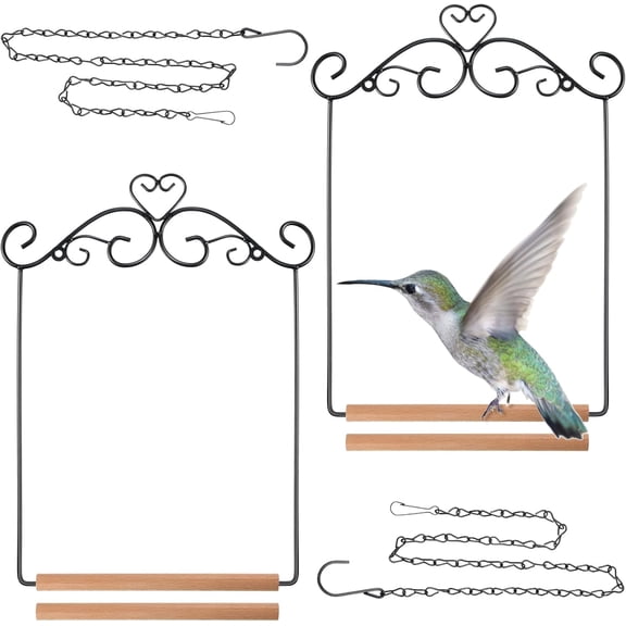 Hotop 2 Pcs Hummingbird Swings and Perches Metal Frame Bird Swing with 2 Replacement Wooden Dowel and 2 Hanging Chain for Outdoor Bird Feeders, Planters, Lanterns Ornaments(Black)