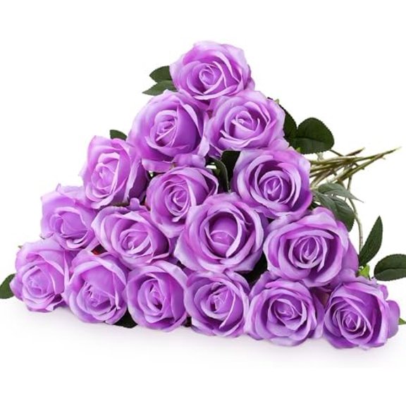 Hotop 20 Pcs Artificial Rose Flowers with Long Stem,Real Touch Silk Realistic Plastic Bouquet Roses Bulk for Home Decor Bridal Wedding Party Table Centerpieces Decorations(Purple)