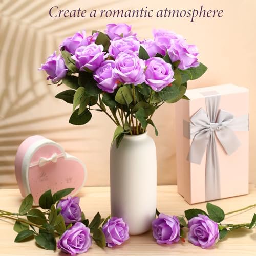 Hotop 20 Pcs Artificial Rose Flowers with Long Stem,Real Touch Silk Realistic Plastic Bouquet Roses Bulk for Home Decor Bridal Wedding Party Table Centerpieces Decorations(Purple)