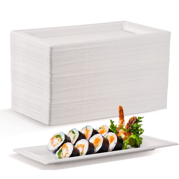 Hotop 200 Pieces Disposable Rectangle Plates 10 Inch White Rectangle Serving Platter Heavy Duty Sugarcane Bagasse Plate for Outdoor Indoor Parties Serve Meals Snacks Deserts Fruits Y101