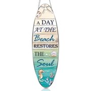 Hotop Metal Surfboard Sign Decor A Day At The Beach Restores The Soul Plaque Hanging Beach Decor for Wall and Door Outside Decor, 4 x 12.6 Inch
