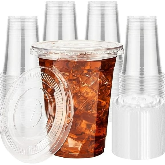 Hotpack 12 oz Clear Plastic Cups with Straw-Slot Lids, 200 Pack, Disposable Drink Cups for Iced Coffee, Beverages, Desserts and More
