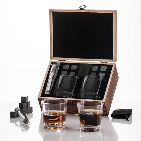 Hotplex Whiskey Stones Gift Set - Whiskey Glass Set Gifts for Men, 8 Granite Chilling Whisky Rocks, 2 Crystal Whisky Glasses - Best Gifts for Men Dad Husband Boyfriend Birthday Present (Clear-1)