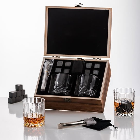 Hotplex Whiskey Stones Gift Set - Whiskey Glass Set Gifts for Men, 8 Granite Chilling Whisky Rocks, 2 Crystal Whisky Glasses - Best Gifts for Men Dad Husband Boyfriend Birthday Present (Clear-1)