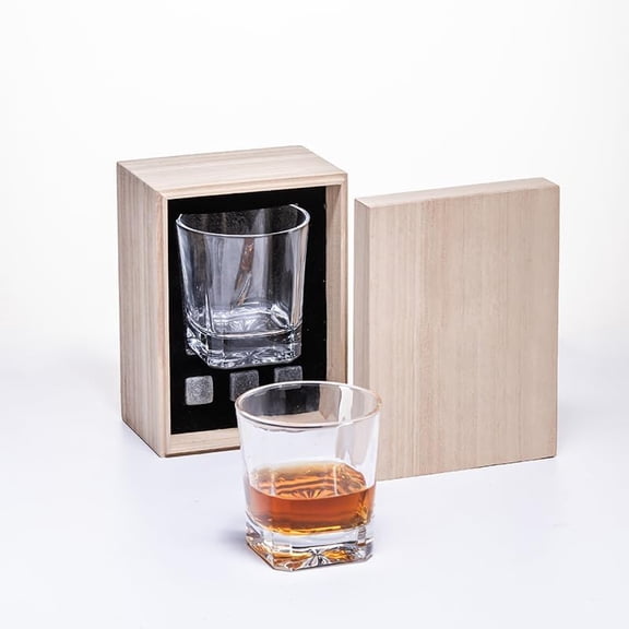 Hotplex Whisky Glass Gift Set with Wooden Box - 10 Oz Square & 3 Pcs Ice Stones, 3.8 Inch Premium Tumbler for Lovers
