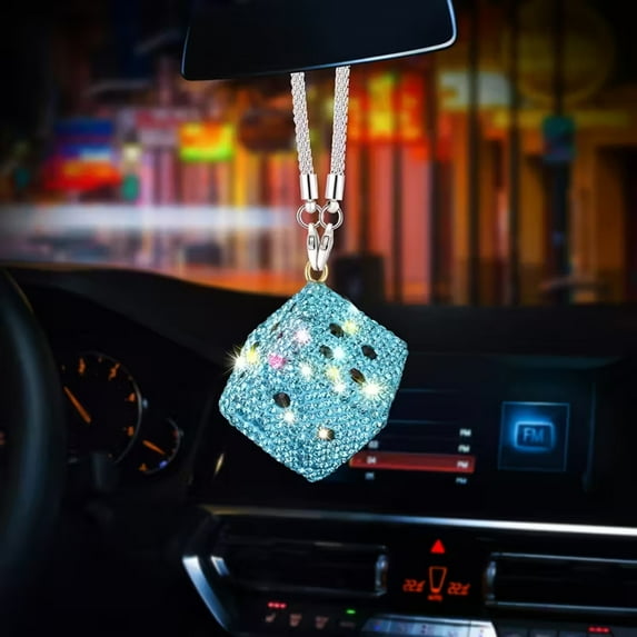Hotpom 2PCS Diamond Dice Car Rear View Mirror Pendant Sparkly Crystal Ornament Easy to Install Car Decoration Accessories Blue