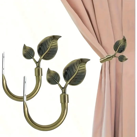 Hotpom 2pcs Leaf Shaped Curtain Holdbacks, Antique Brass Botanical Holdbacks & Side Holders for Living Room, Bedroom Home Decoration, Dual Curtain Holder