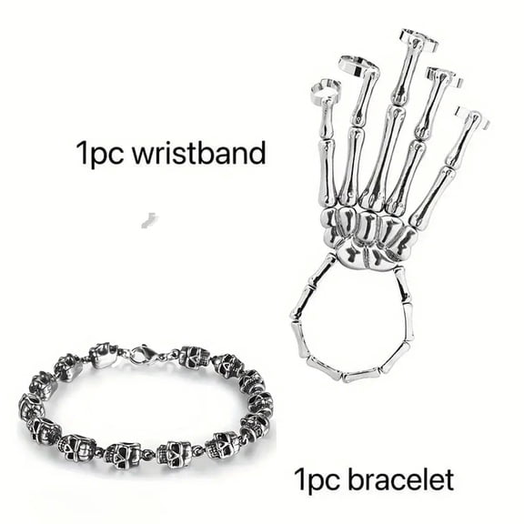 Hotpom 2pcs Punk Rock Skeleton Hand Claw And Bracelet Set, Personality Exaggerated Unisex For Festival Cosplay Costume Accessories, Halloween Props