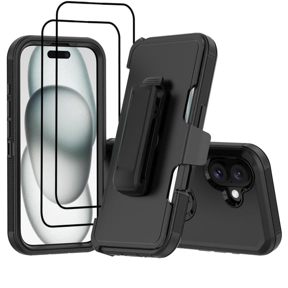 Hotpom Case for iPhone 16 Heavy Duty Shockproof Dustproof Phone Case with Screen Protector Tempered Glass & Belt Clip, Black